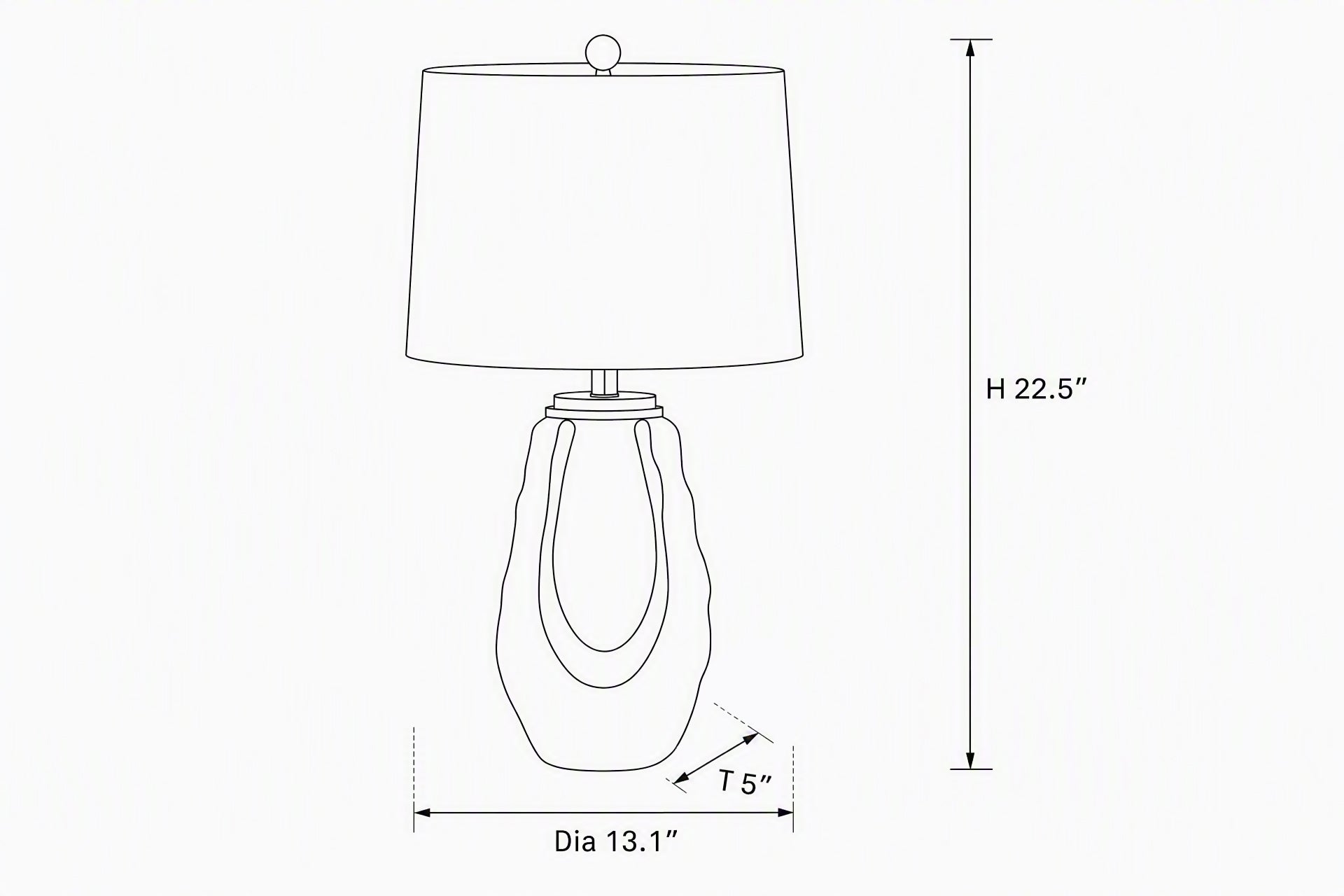 Line art dimension drawing showing art glass table lamp height of 22.5 inches and width of 13.1 inches.
