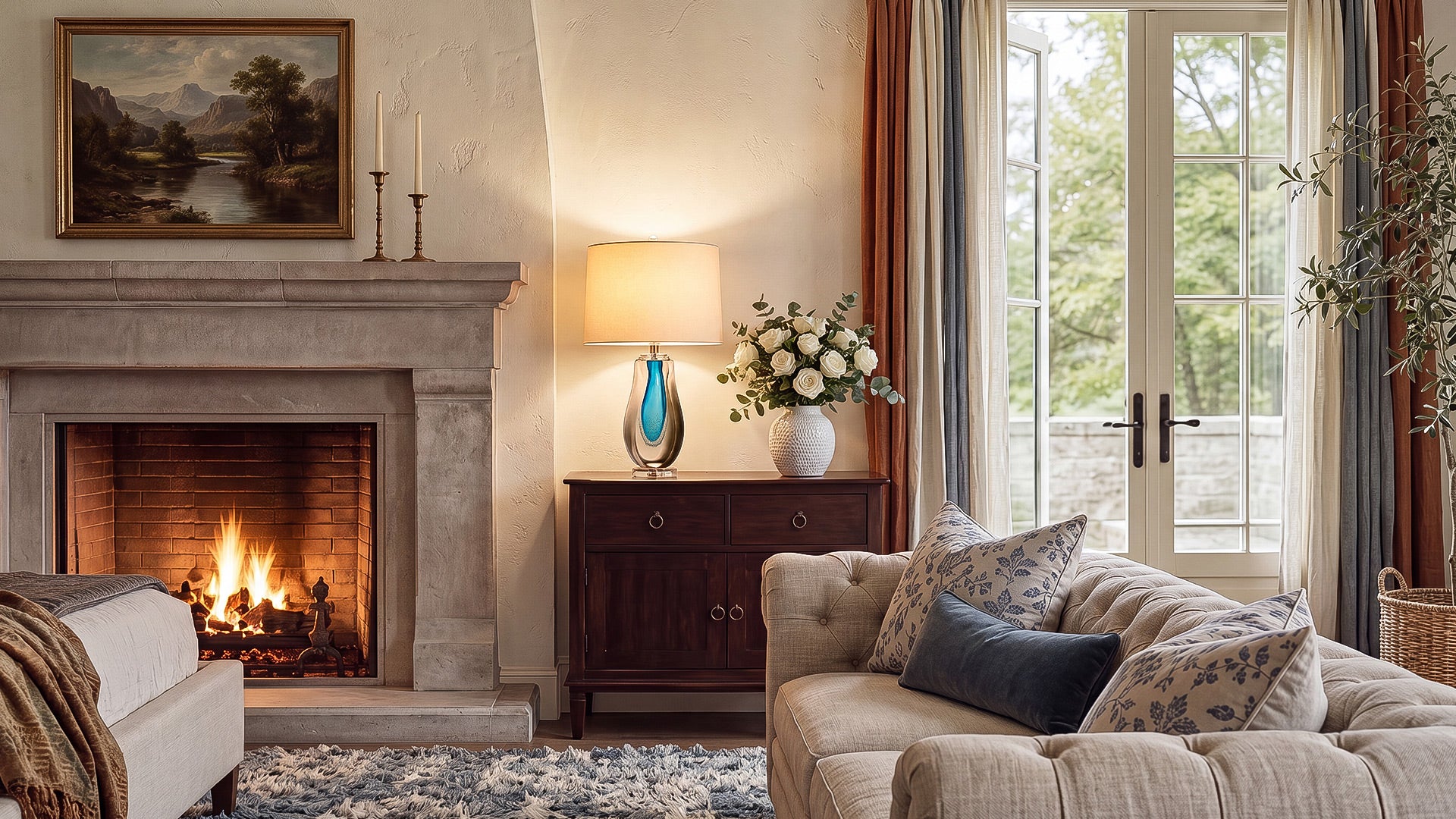Illuminated art glass table lamp on a wooden credenza next to a cozy fireplace and patio door