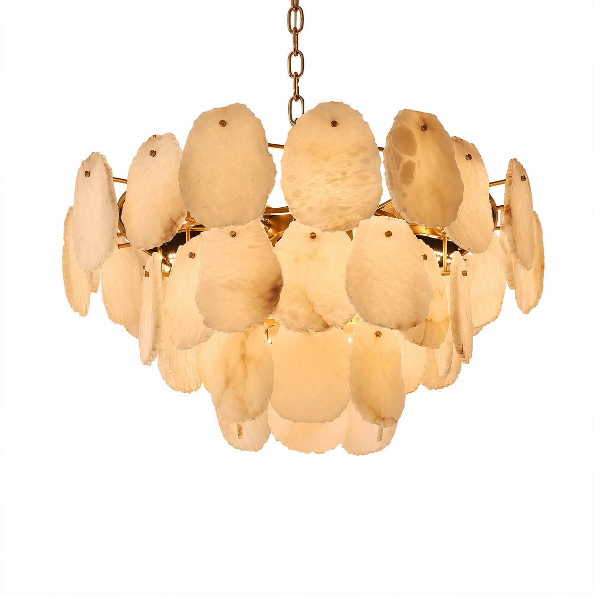 A luxury three-tier round chandelier made of hand-chipped Spanish alabaster stone panels and solid brass hardware, isolated on a clean white background.