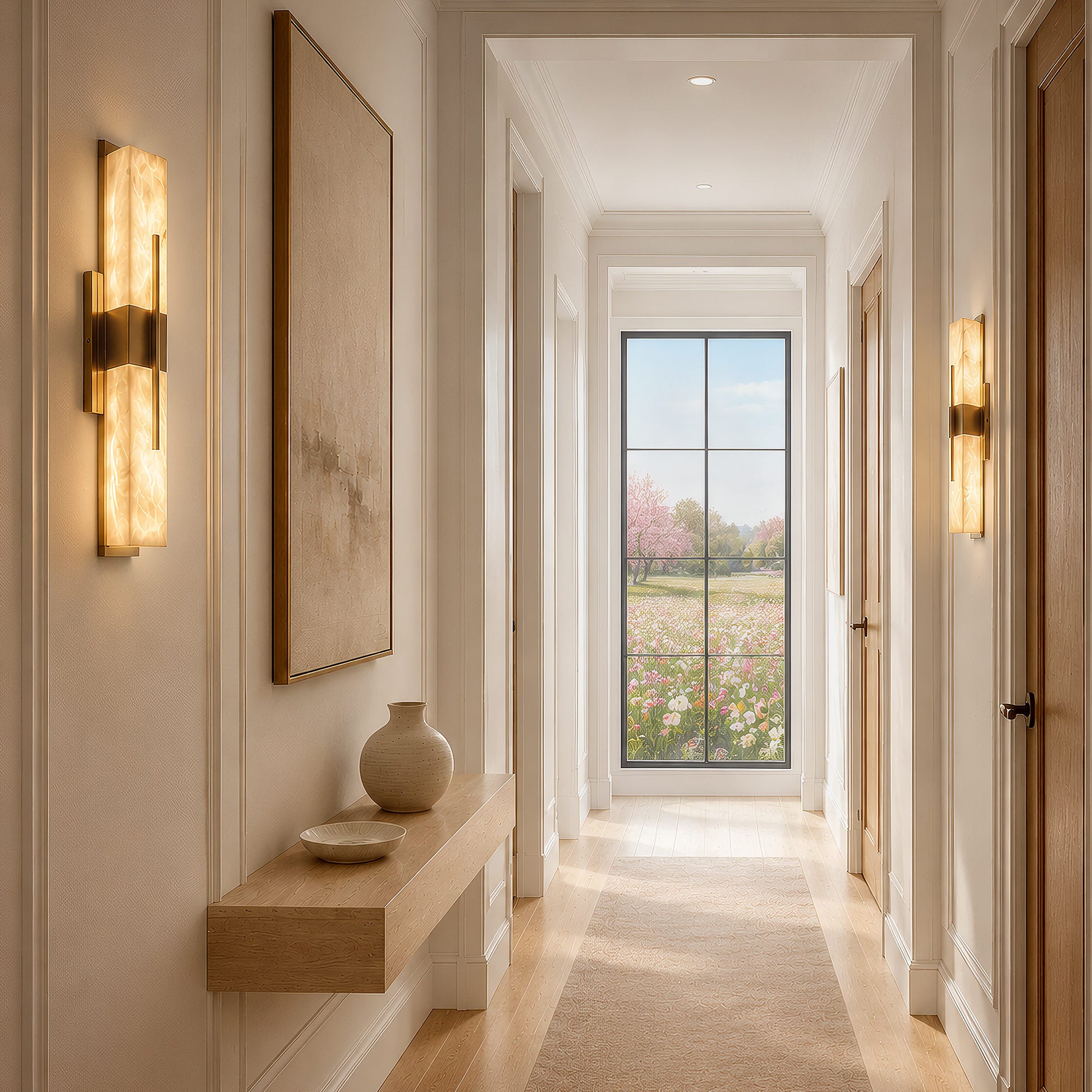 A bright and airy home hallway corridor with light oak floors, featuring symmetrically mounted linear alabaster wall lights leading to a large steel window with a pink cherry blossom garden view.