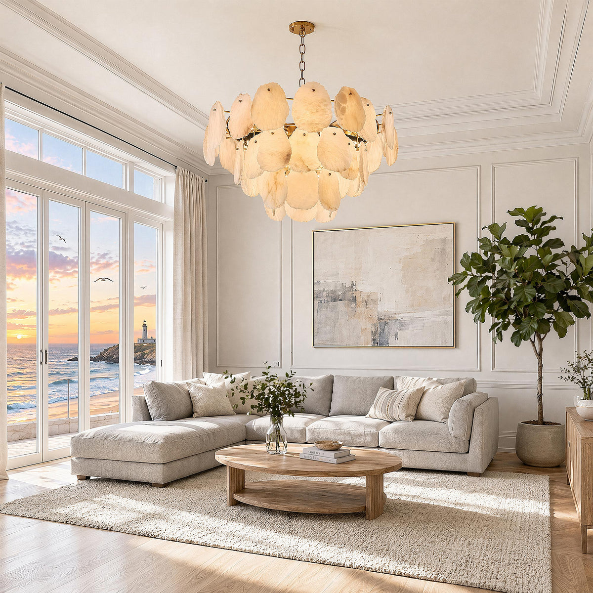 A panoramic view of a spacious California casual style living room with a large sectional sofa, coastal sunset views, and a statement alabaster chandelier.