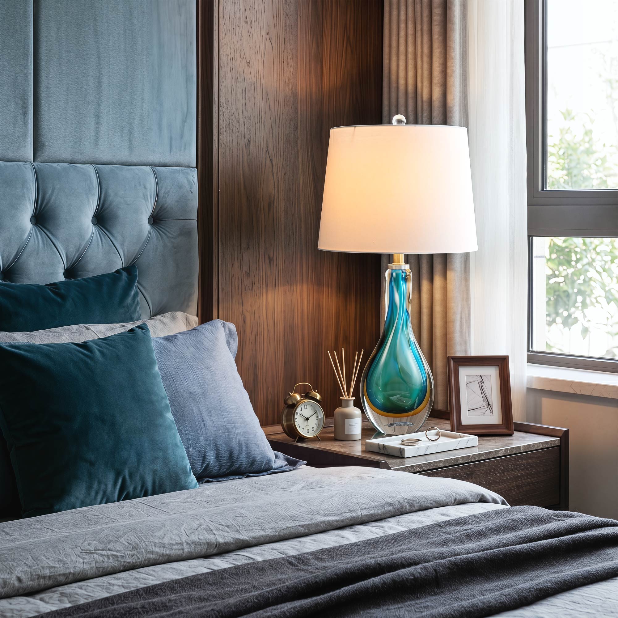 A sophisticated master bedroom suite showcasing a glowing blue and gold spiral glass bedside lamp on a dark wood nightstand next to a tufted blue velvet headboard.