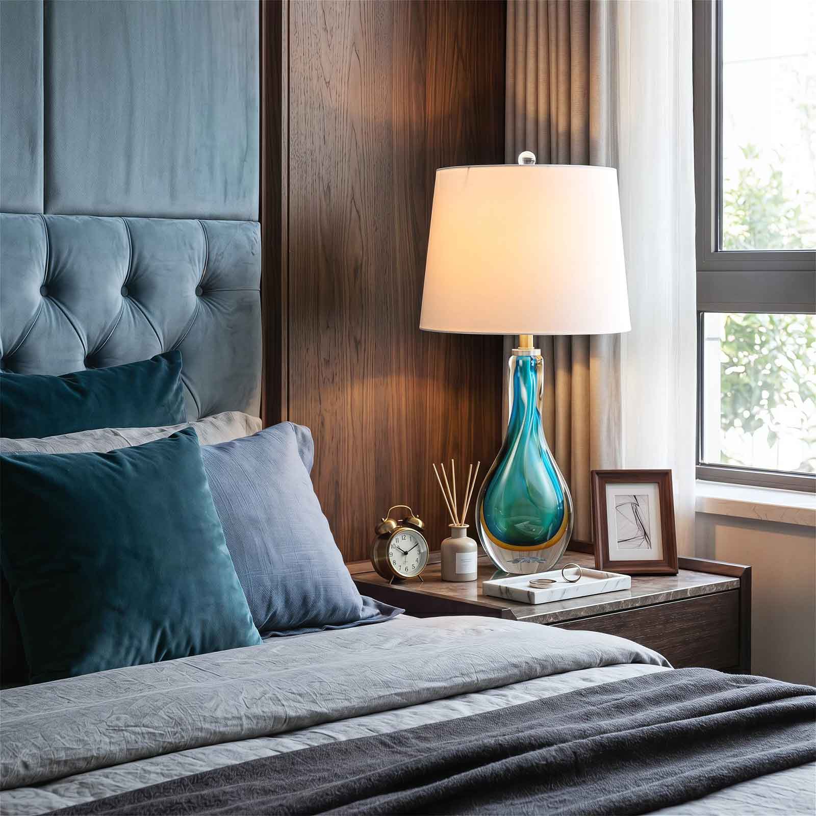 Coastal Blue Gold Swirled Art Glass Table Lamp