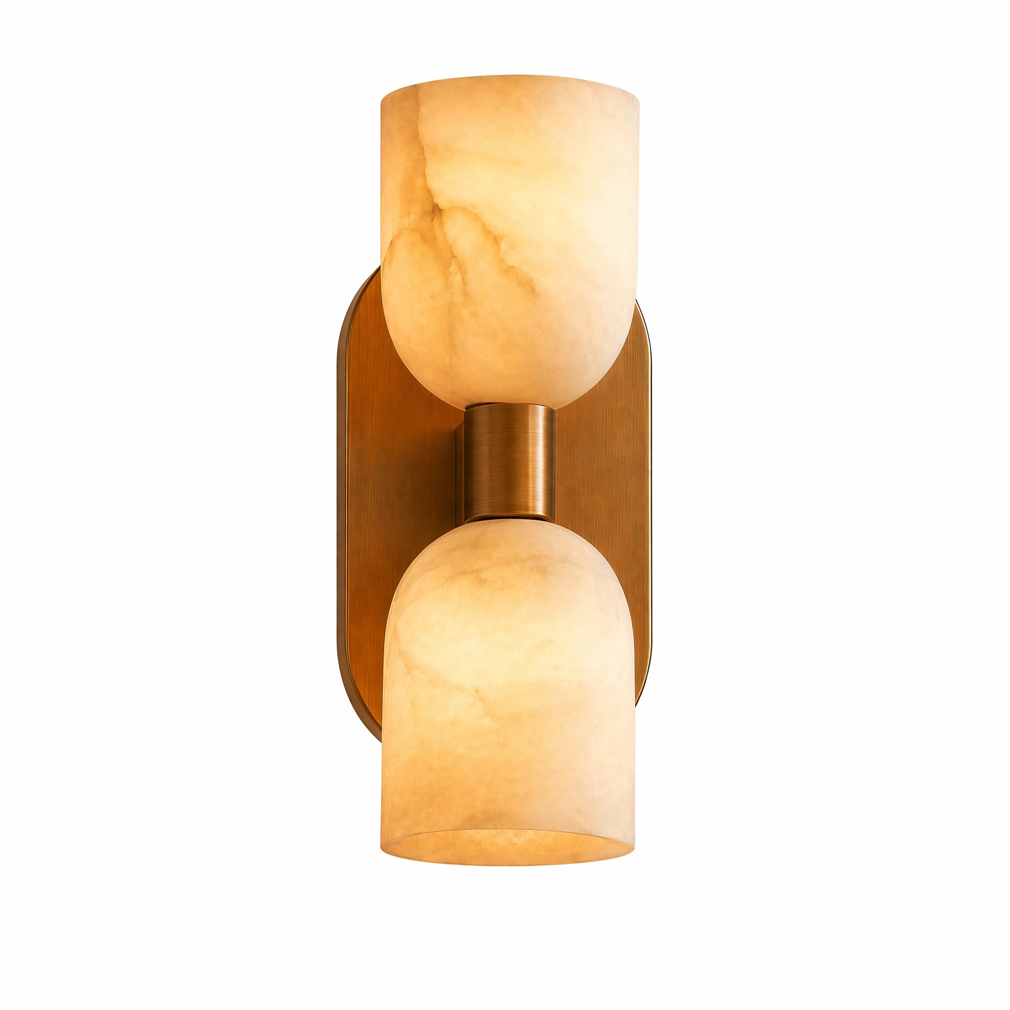 A luxury dual-light wall sconce featuring goblet-shaped Spanish alabaster stone shades and a sleek brushed brass backplate, illuminated on a white background.