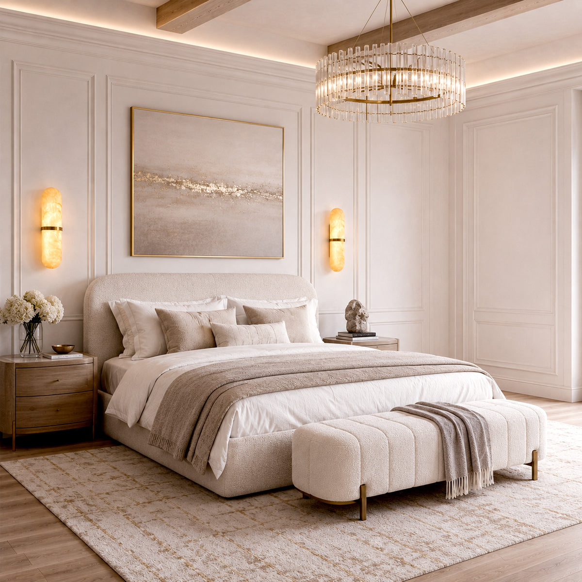 A sophisticated French quiet luxury master bedroom with paneled walls, featuring a pair of glowing pill-shaped alabaster wall sconces symmetrically flanking a large beige tufted bed headboard and an abstract gold-accented painting.