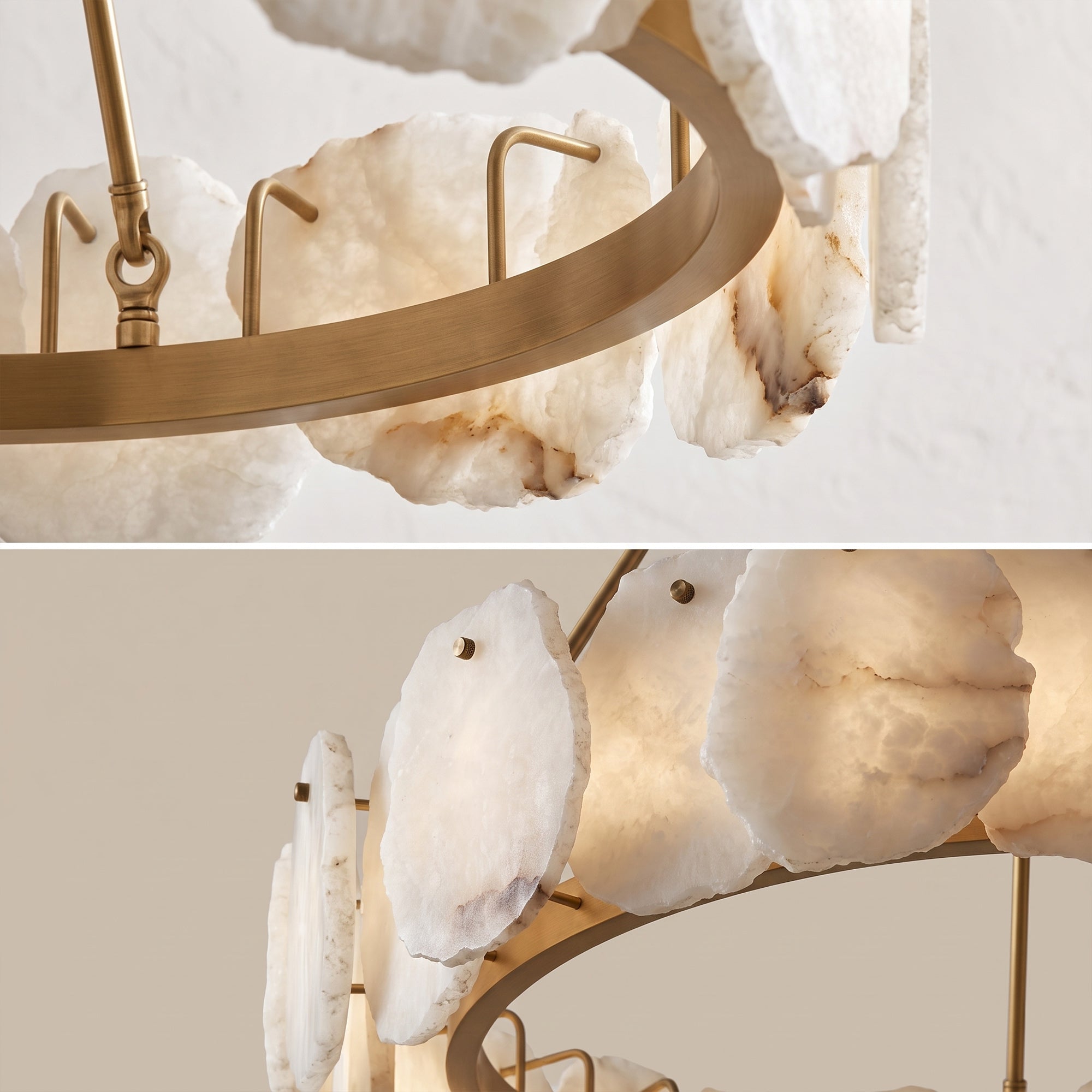A macro close up split screen showing the unique raw texture of hand chipped translucent Spanish alabaster stone panels connected to a solid brushed brass framework.