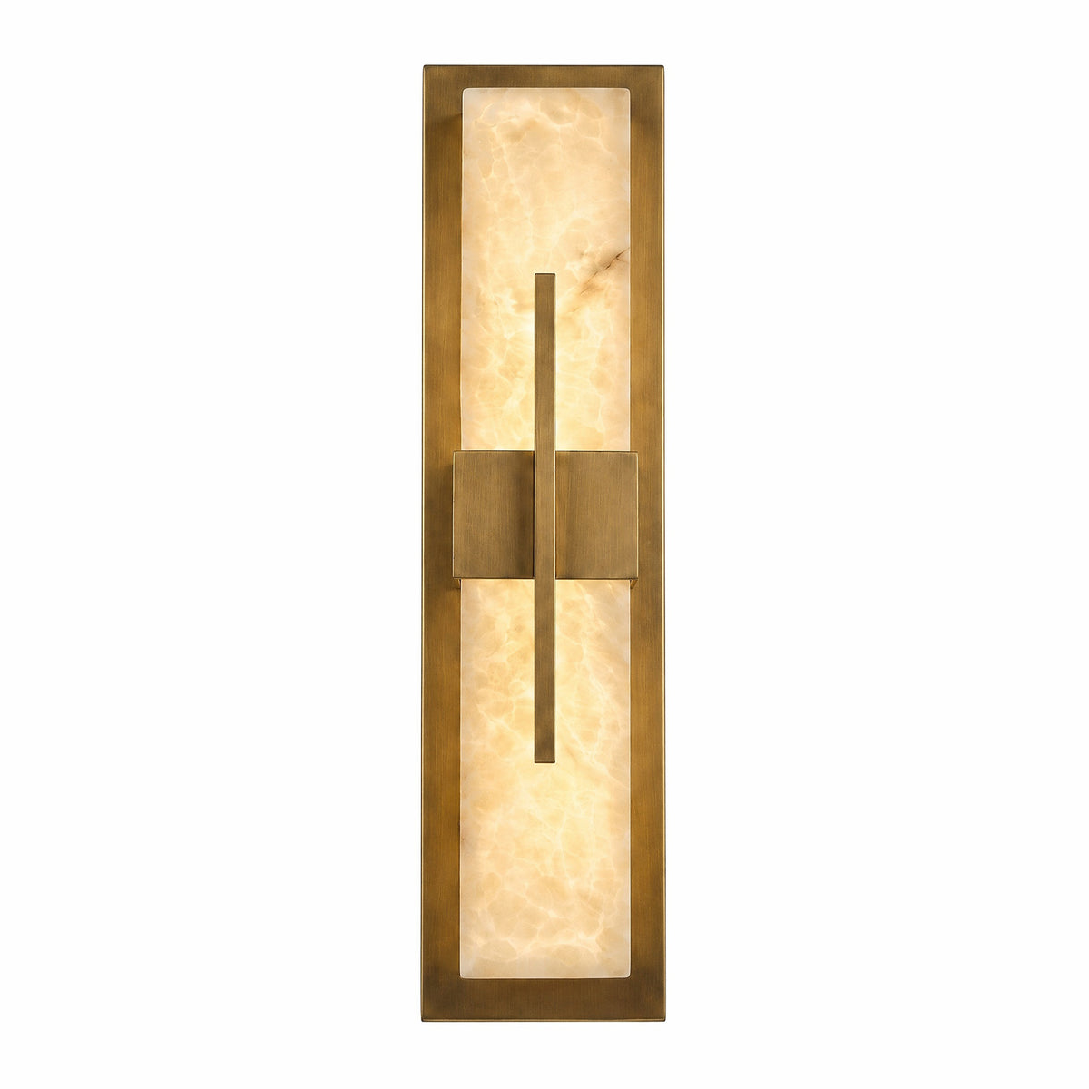 A luxurious linear wall sconce featuring a rectangular Spanish alabaster stone slab framed in brushed brass with a central geometric brass cross bar design, illuminated on a white background.