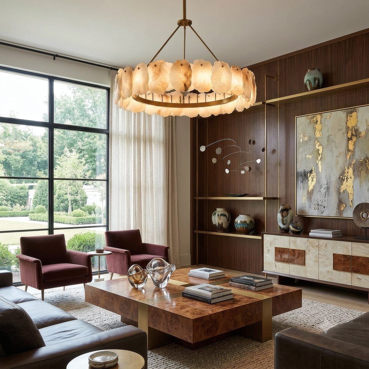 A panoramic view of an upscale mid century modern estate living room featuring rich walnut wall panels, a burl wood coffee table, and a glowing round alabaster rock chandelier.