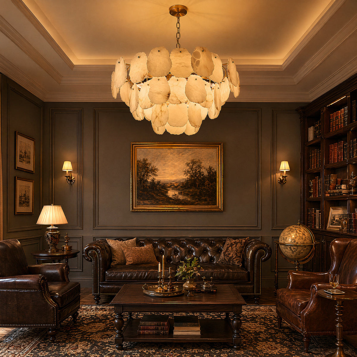 An elegant dark-toned traditional living room interior featuring a large tiered alabaster stone chandelier emitting a warm amber glow above a tufted leather sofa.