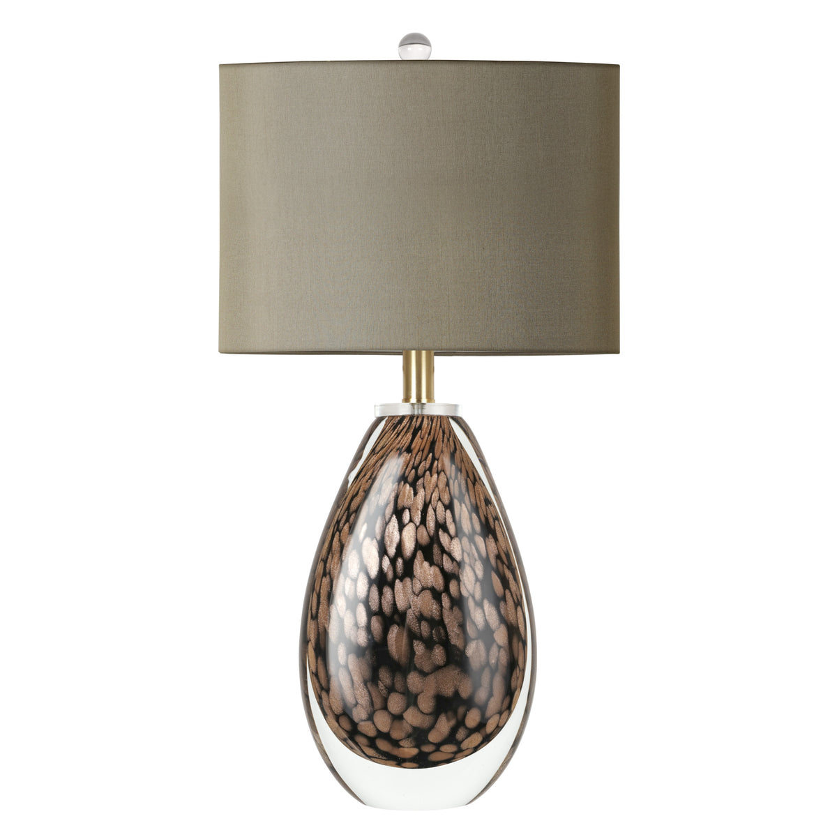 A premium hand blown glass table lamp with a dark olive drum shade showcasing its unique natural gold brown mineral scales while turned off on a clean white background.