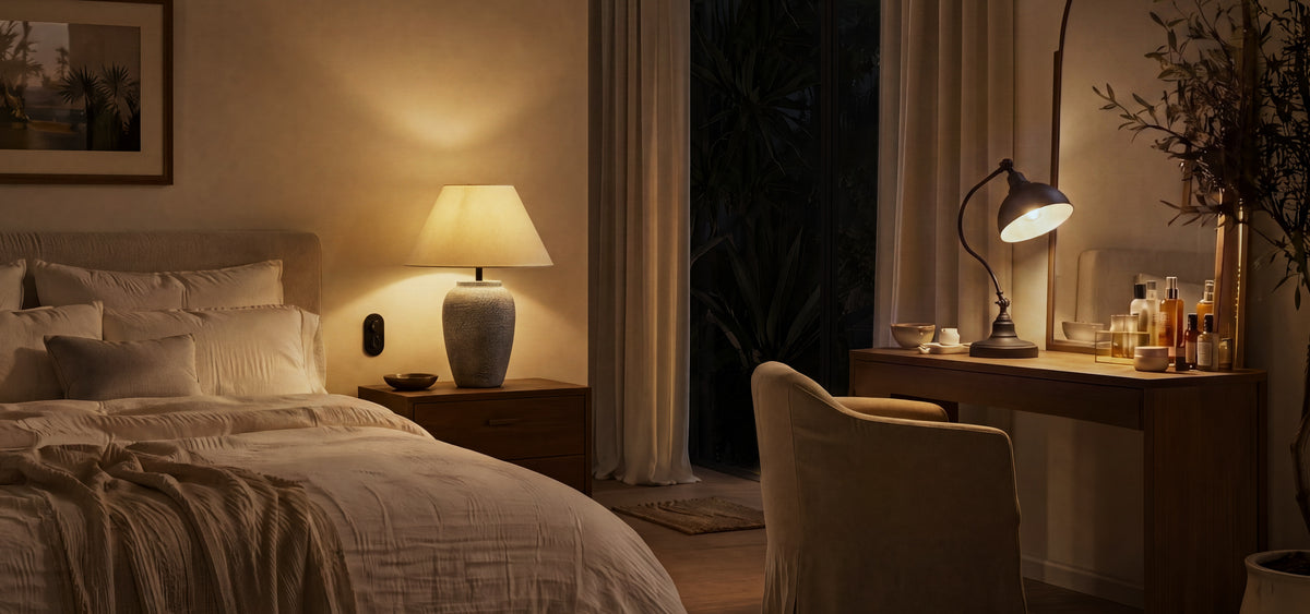 A relaxing modern organic bedroom featuring a textured ceramic table lamp and a slim vintage iron table lamp on a bedside nightstand casting cozy, warm light.