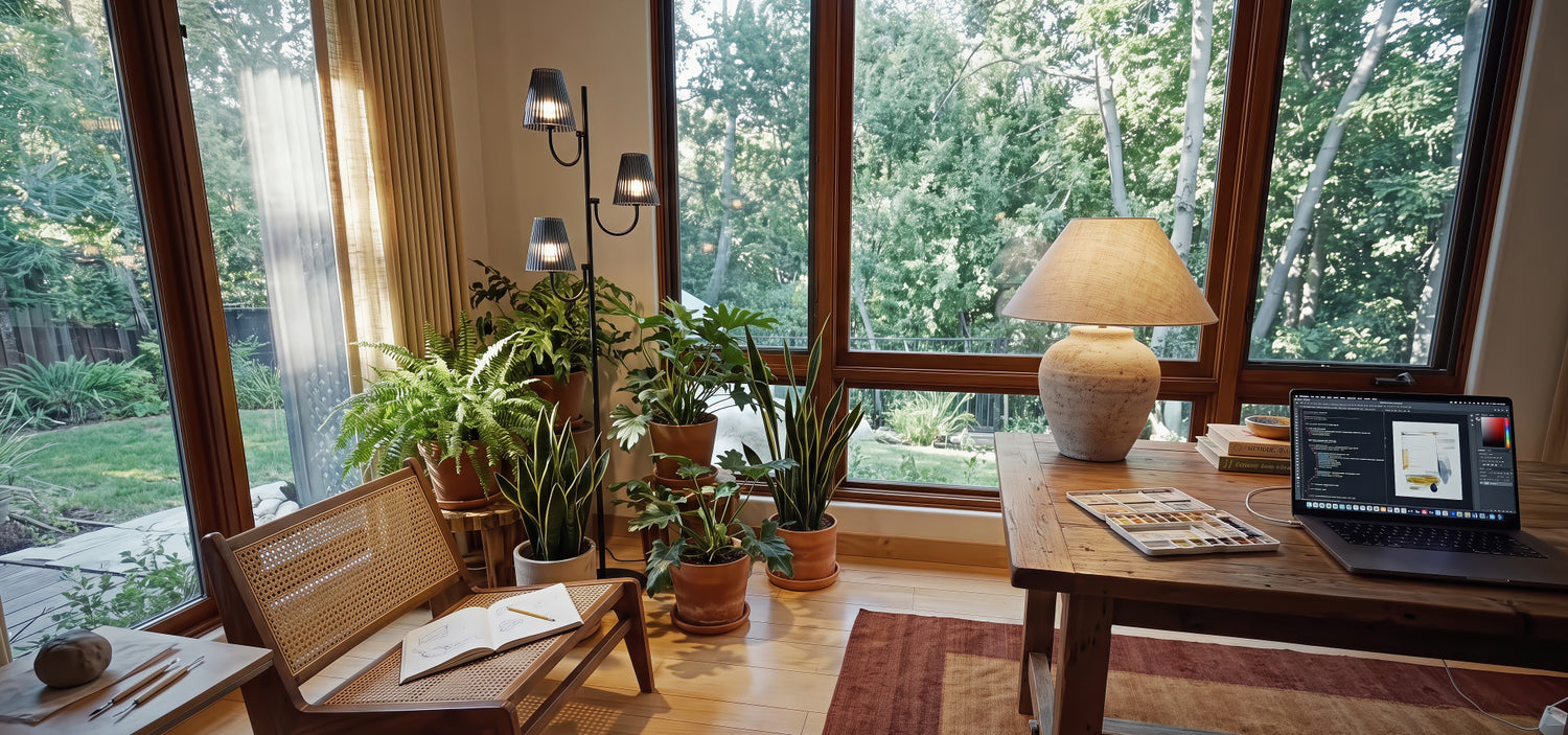 A cozy, screen-free modern organic living room featuring a pair of rustic ceramic table lamps on a wooden console and a sleek brushed brass floor lamp casting warm ambient light next to a linen sofa.