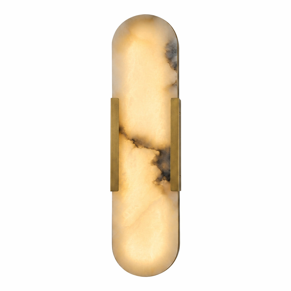 A luxurious capsule-shaped Spanish alabaster wall sconce with a built-in LED light source, flanked by a solid brushed brass frame, illuminated on a white background.
