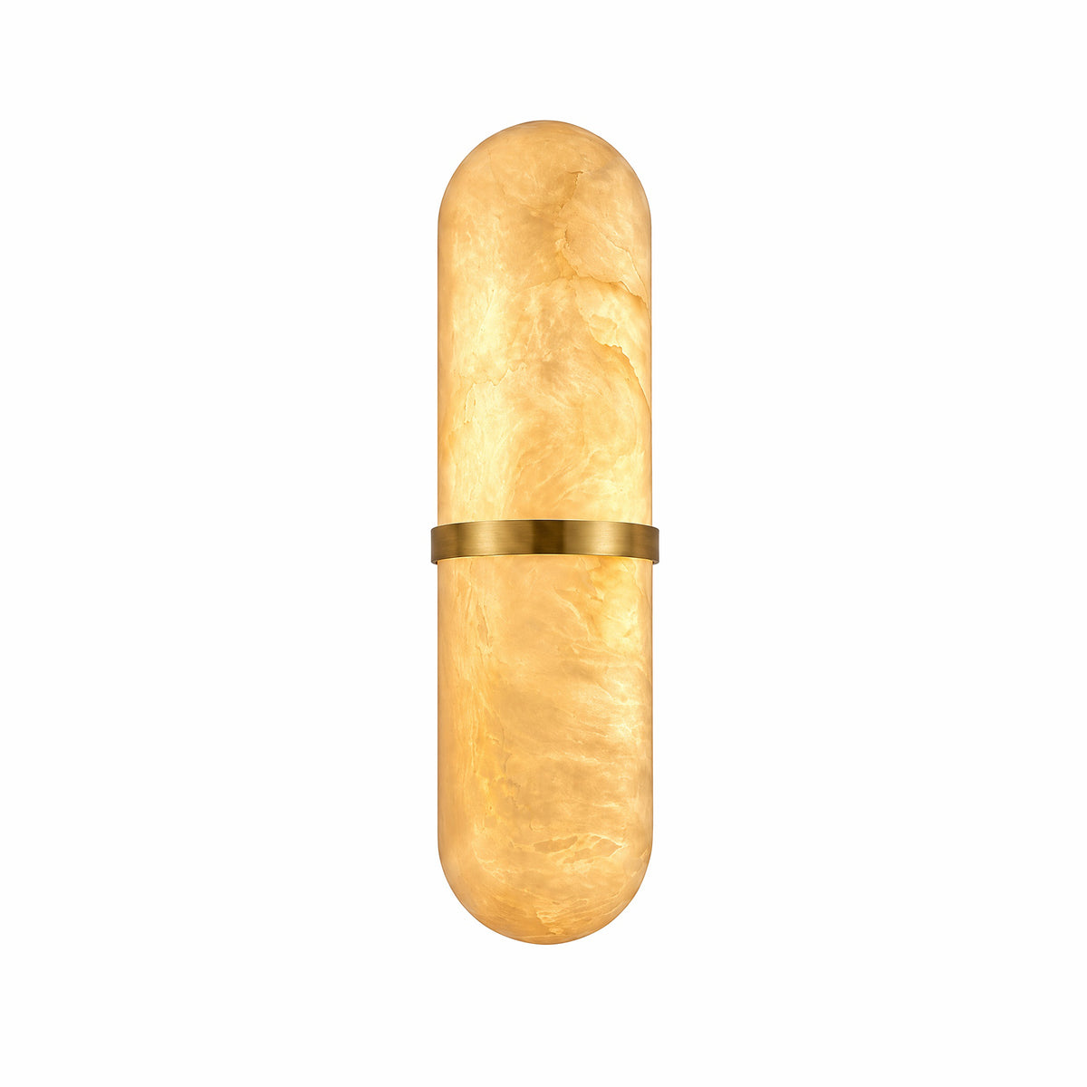 A luxurious pill-shaped Spanish alabaster wall sconce with a built-in LED light source and a central polished brass band, illuminated on a white background.