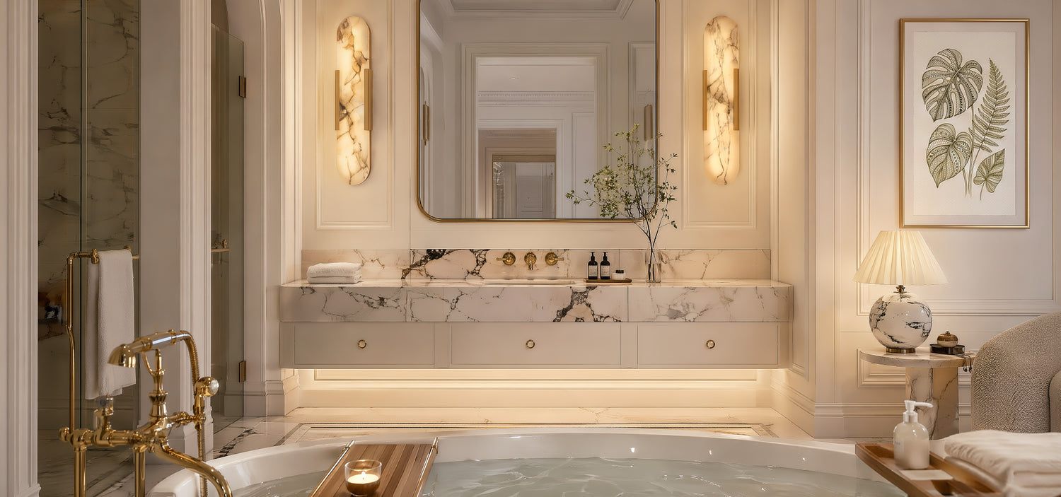A luxurious, sun-drenched master bathroom vanity with vertical natural alabaster wall sconces flanking the mirror and a heavy marble base accent lamp.