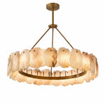 A premium luxury single tier round chandelier made of hand chipped Spanish alabaster stone slices on a solid brass ring framework, isolated on a clean white background.