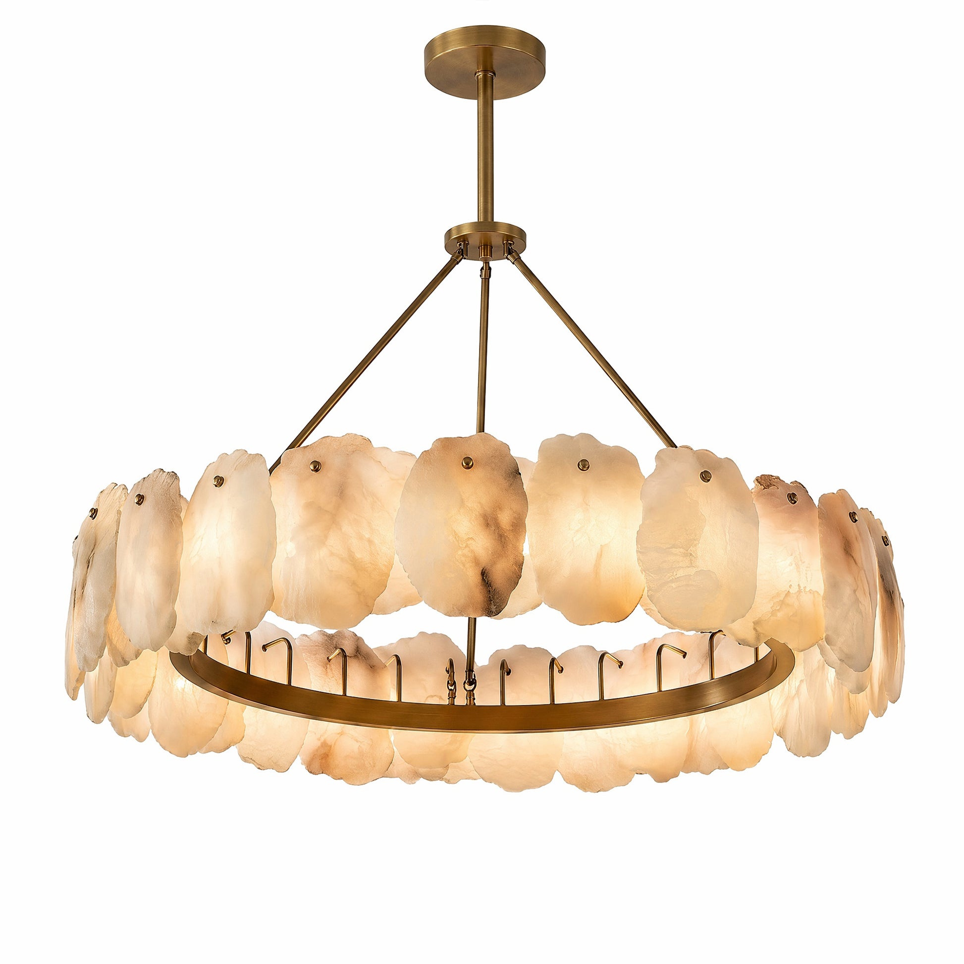A premium luxury single tier round chandelier made of hand chipped Spanish alabaster stone slices on a solid brass ring framework, isolated on a clean white background.