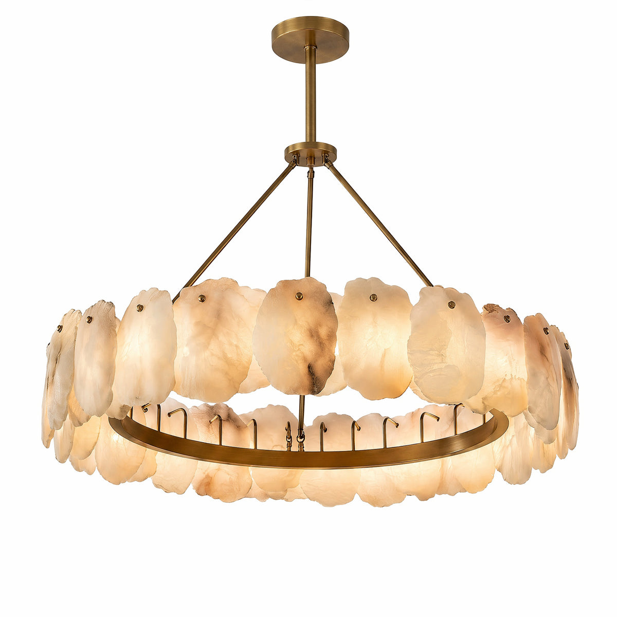 A premium luxury single tier round chandelier made of hand chipped Spanish alabaster stone slices on a solid brass ring framework, isolated on a clean white background.