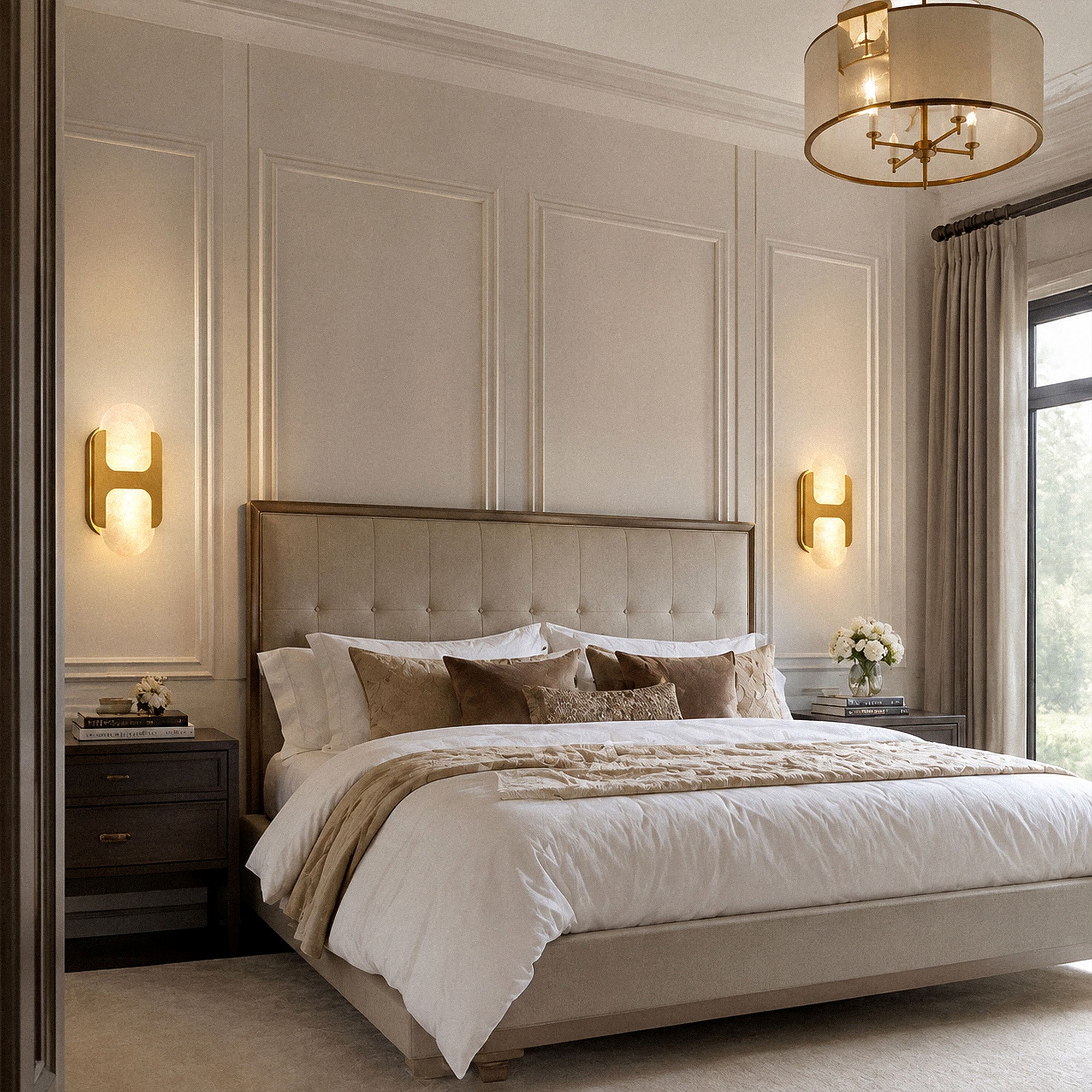 Pair of illuminated Spanish alabaster and solid brass wall sconces flanking a large upholstered bed in a spacious luxury bedroom