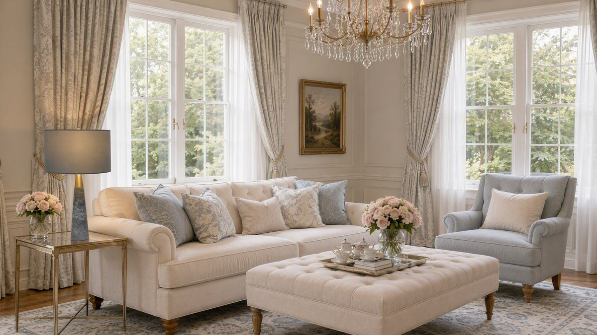 Grey marble cone table lamp on brass glass side table in elegant living room with sofa
