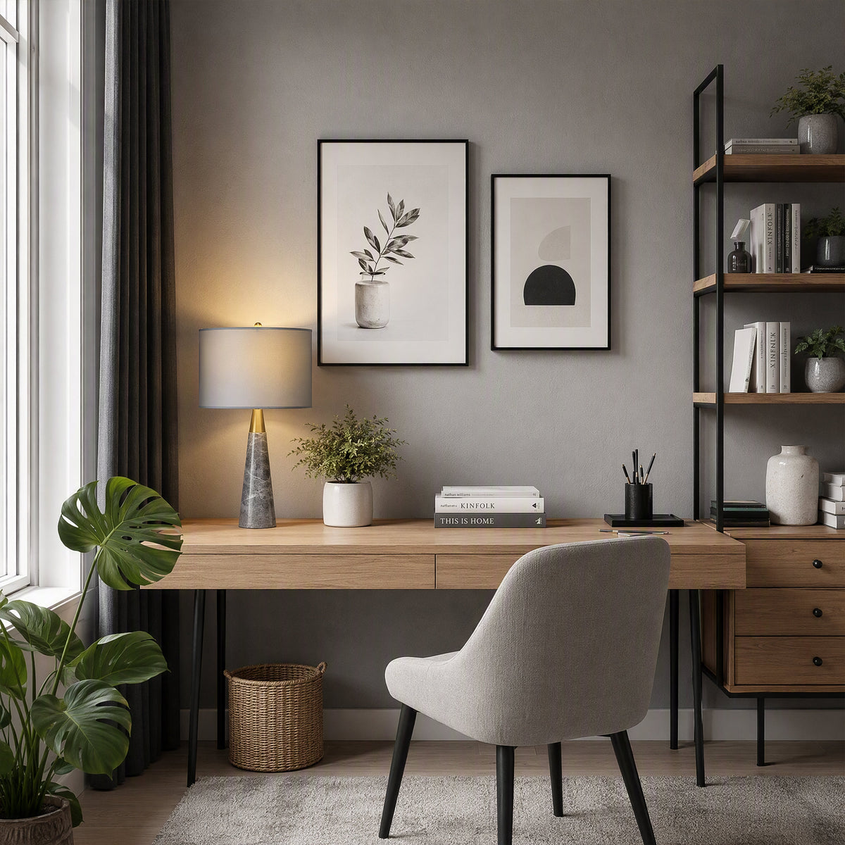 Illuminated grey marble cone table lamp on light wood desk in modern minimalist home office