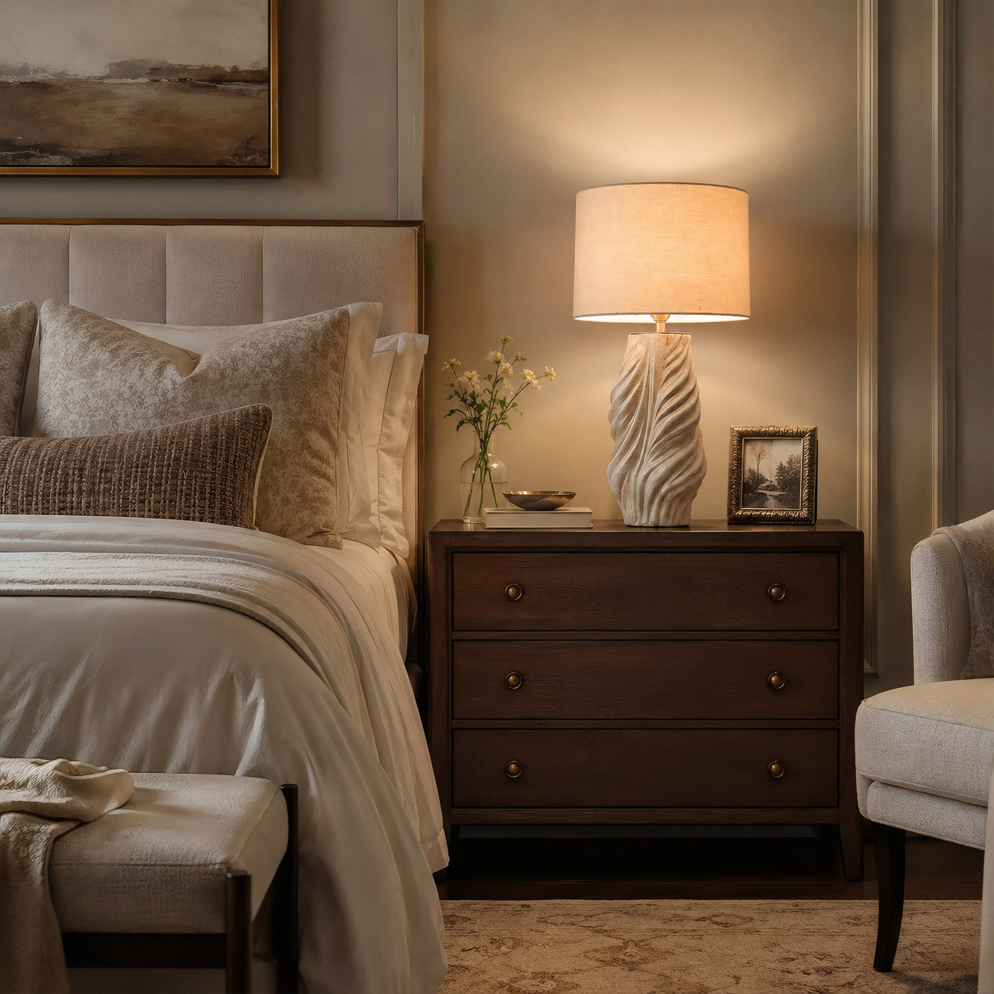 A warm glowing twisted fluted ceramic table lamp placed on a dark wood nightstand next to a luxury upholstered bed in a bedroom