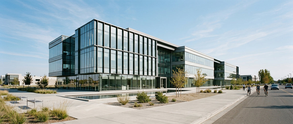 Exterior view of a modern glass and steel corporate headquarters design building surrounded by clean landscaping under a clear sky.