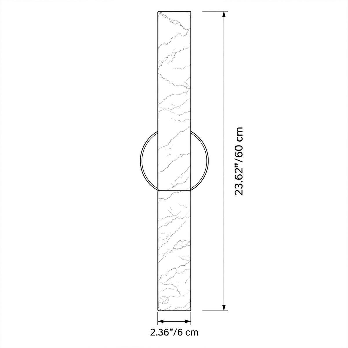 Dimension diagram for vertical Spanish alabaster wall sconce showing total height 23.62 inches and width 2.36 inches