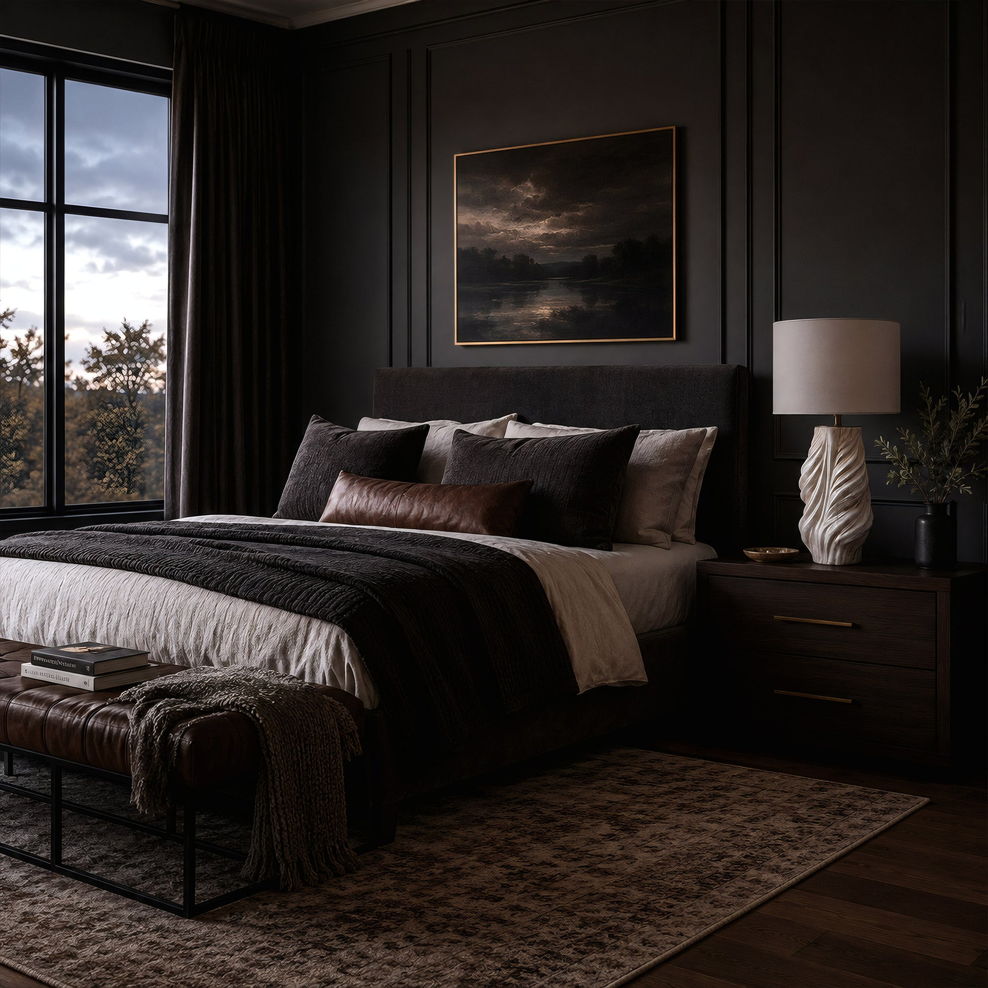 A sculptural white and grey twisted ceramic table lamp with a linen shade shown turned off on a dark wood nightstand in a moody modern luxury bedroom