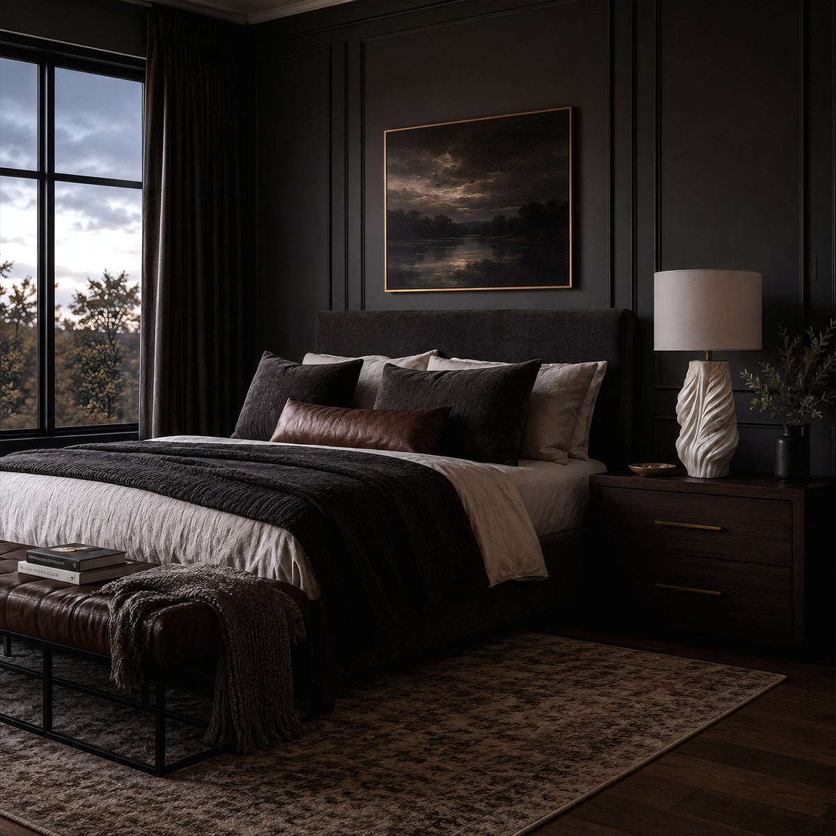 A sculptural white and grey twisted ceramic table lamp with a linen shade shown turned off on a dark wood nightstand in a moody modern luxury bedroom
