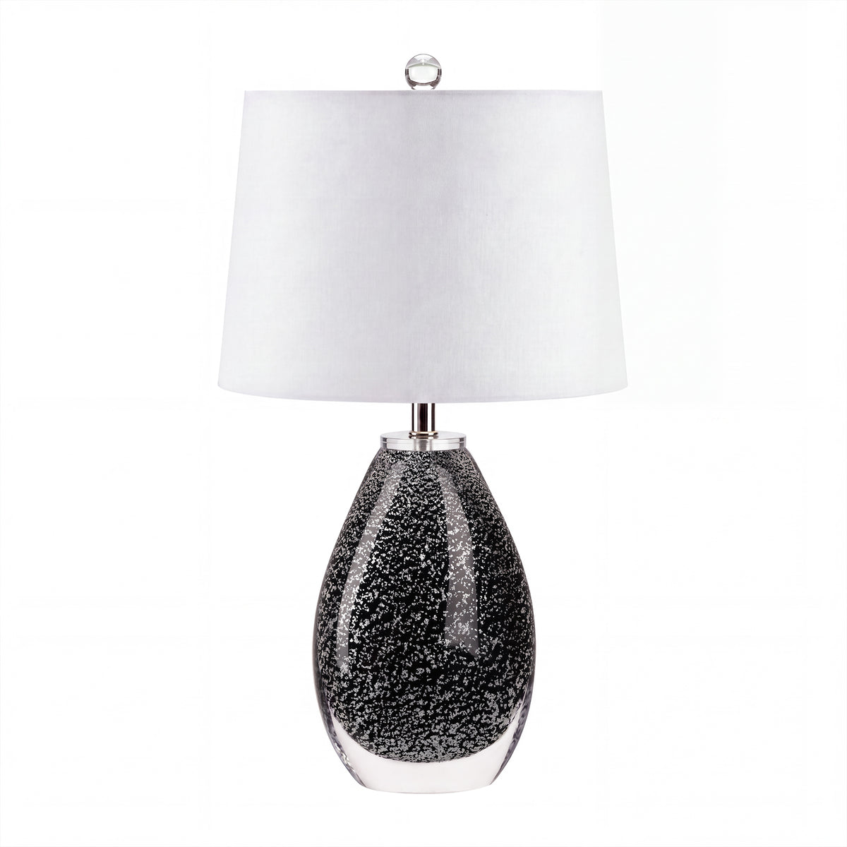 Murano style teardrop black glass table lamp with snowflake seeded pattern turned off on white background.