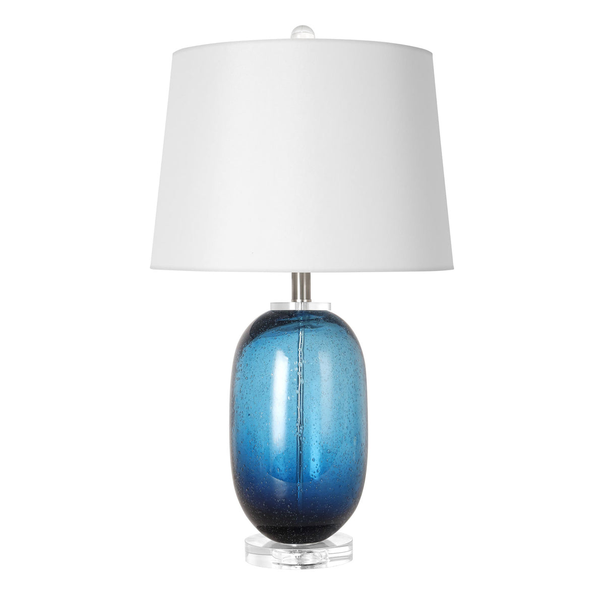 Front view of Murano style oval blue glass table lamp with white fabric drum shade and clear acrylic base on white background.