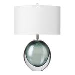 Murano style moss green bubble art glass table lamp with a thick clear outer layer and white drum shade turned off against a white background
