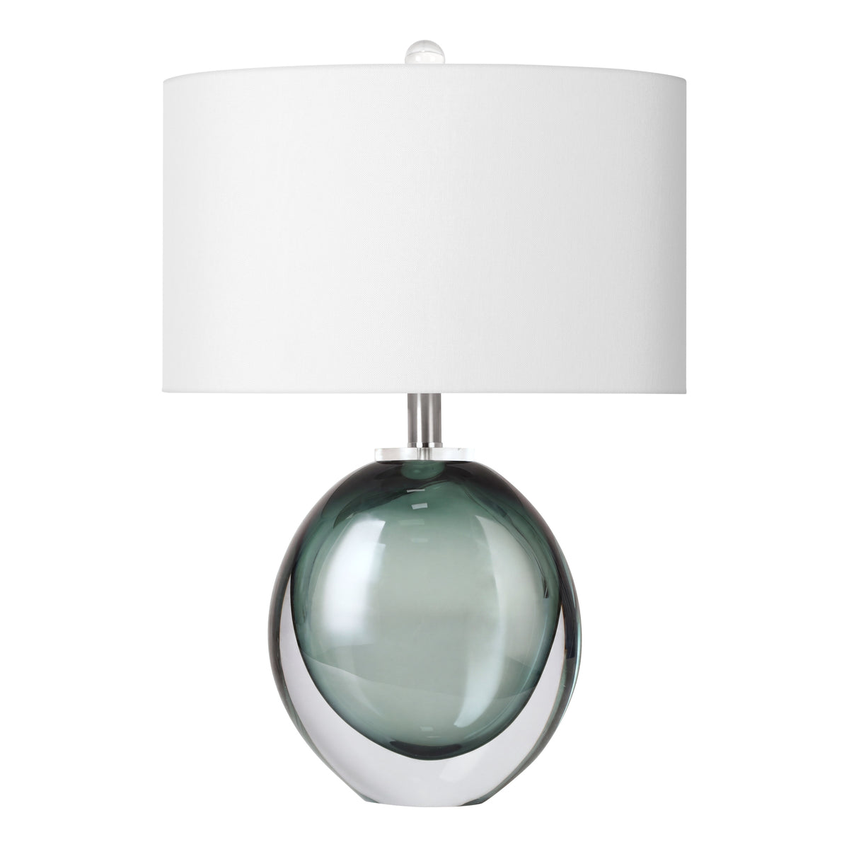 Murano style moss green bubble art glass table lamp with a thick clear outer layer and white drum shade turned off against a white background