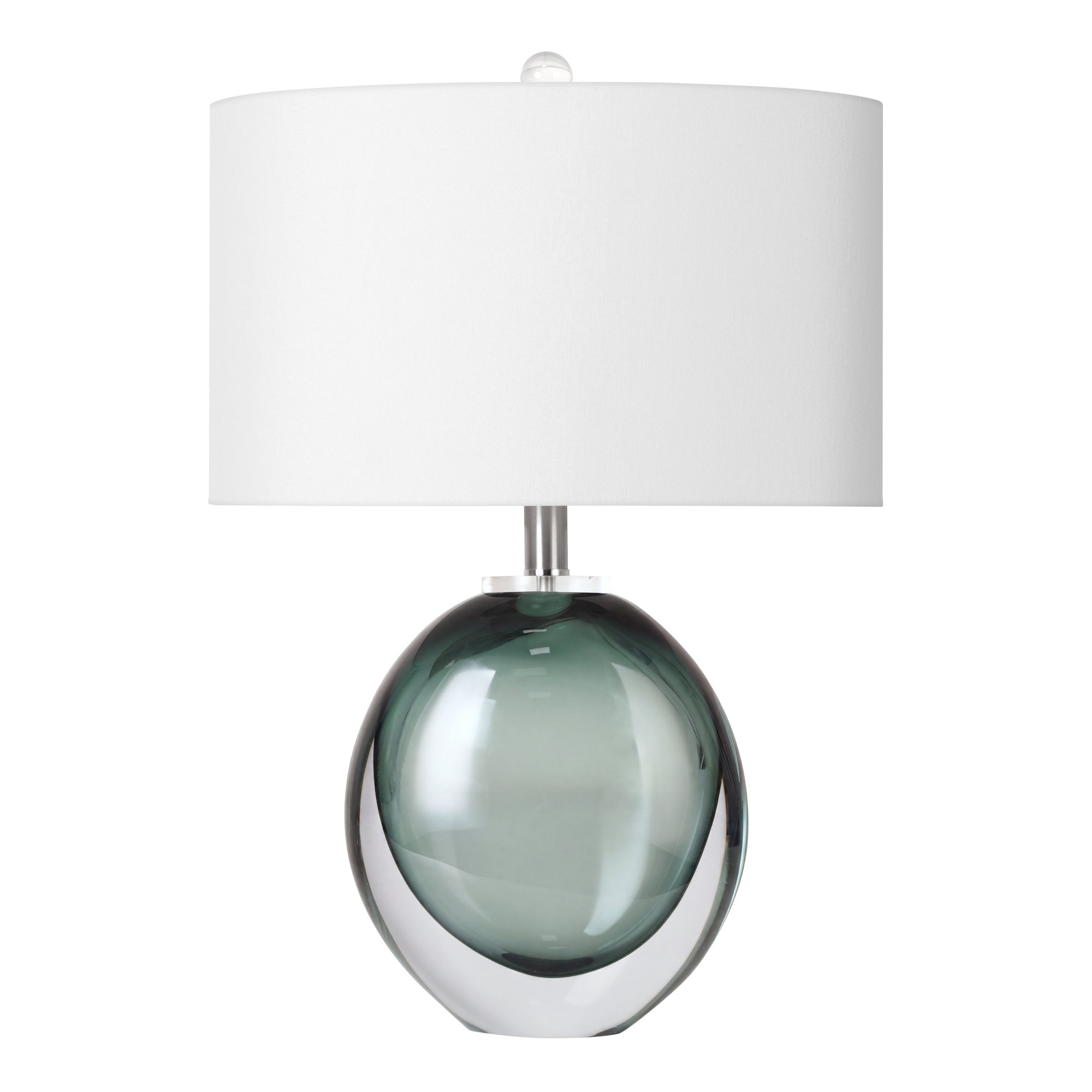 Murano style moss green bubble art glass table lamp with a thick clear outer layer and white drum shade turned off against a white background