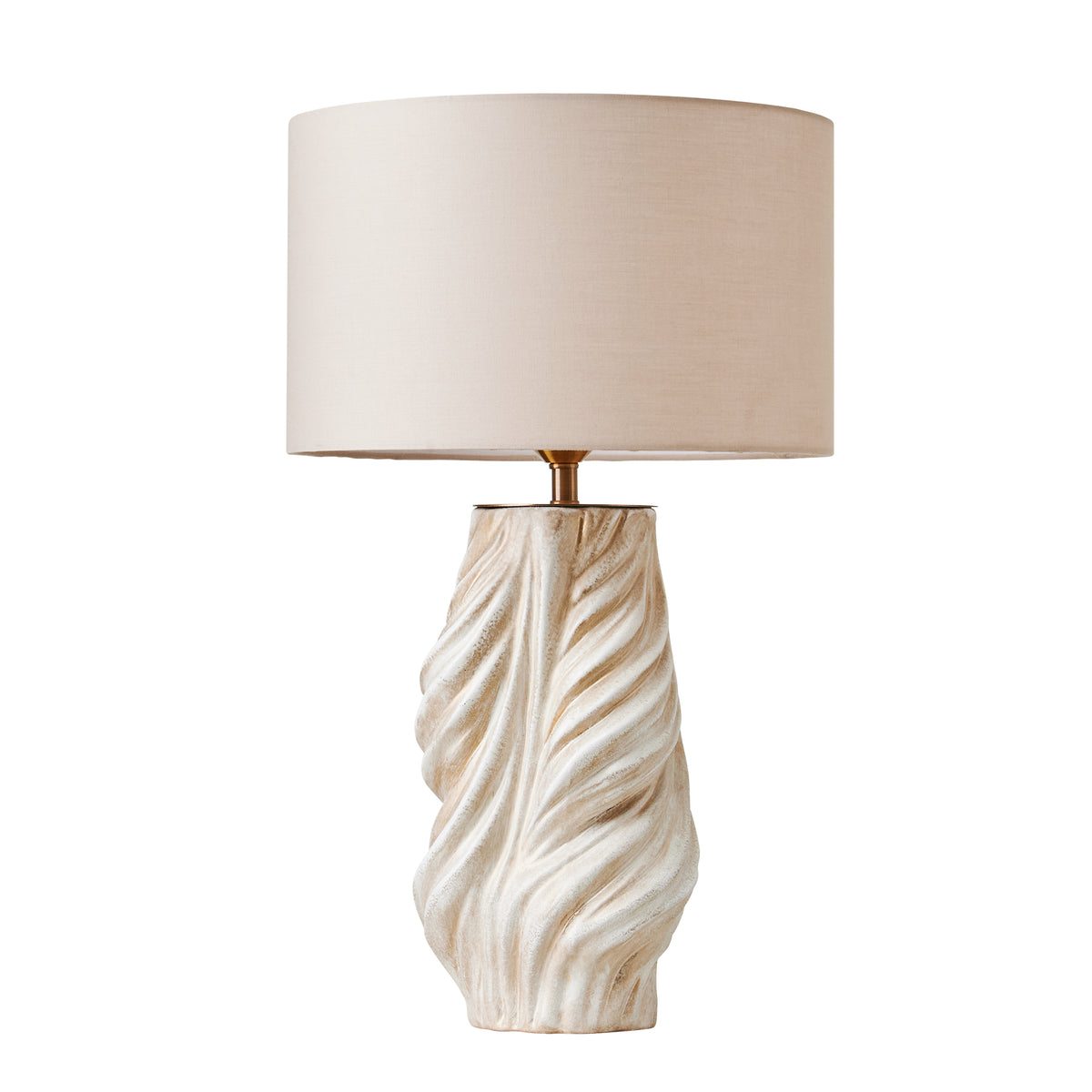 A sculptural white and grey twisted fluted ceramic table lamp with a beige drum shade shown turned off against a white background