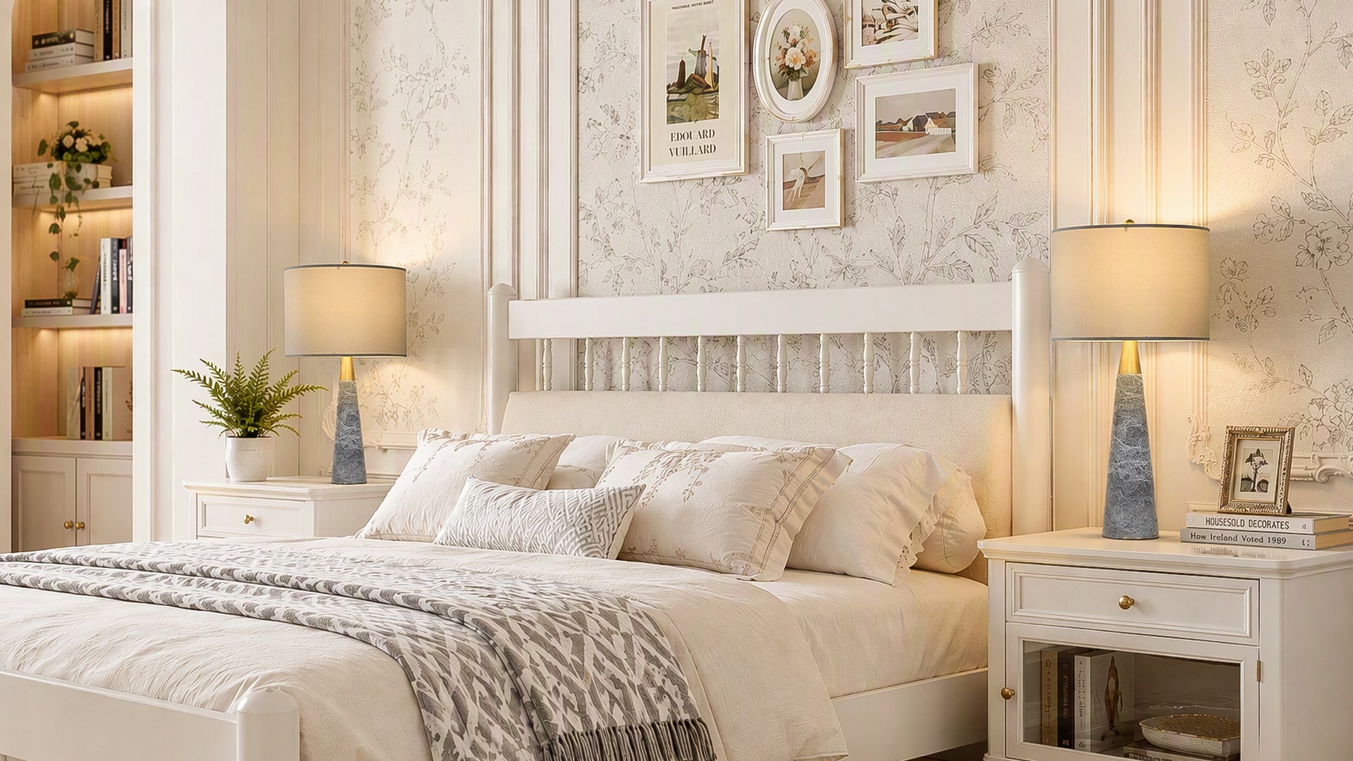 Two illuminated grey marble table lamps on matching white nightstands beside classic bed