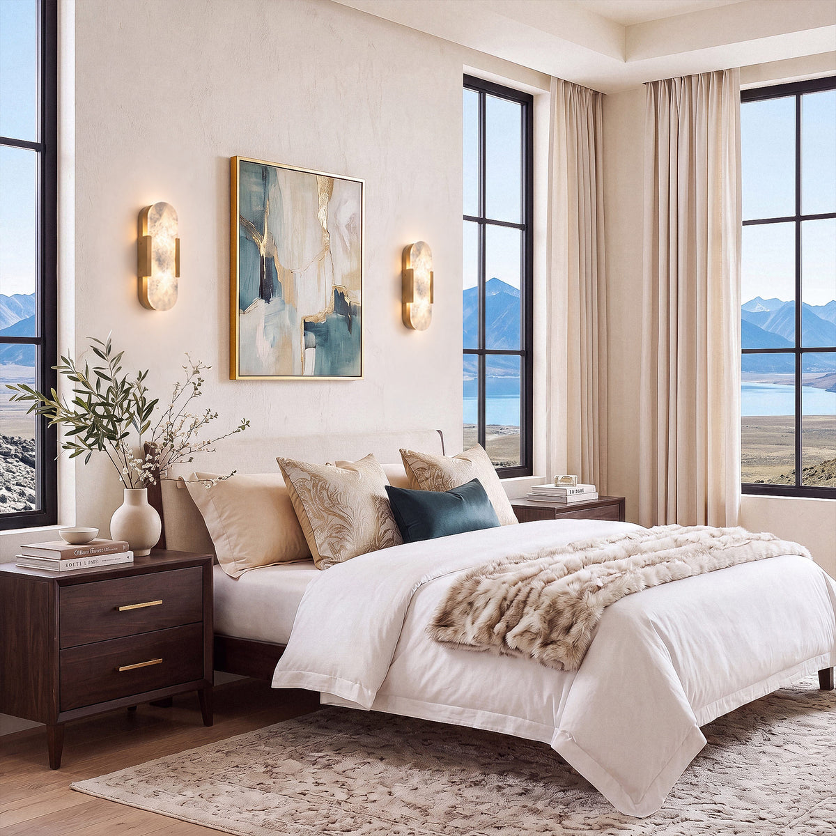 Pair of glowing oval Spanish natural alabaster wall sconces mounted on white wall flanking art painting in bright master bedroom