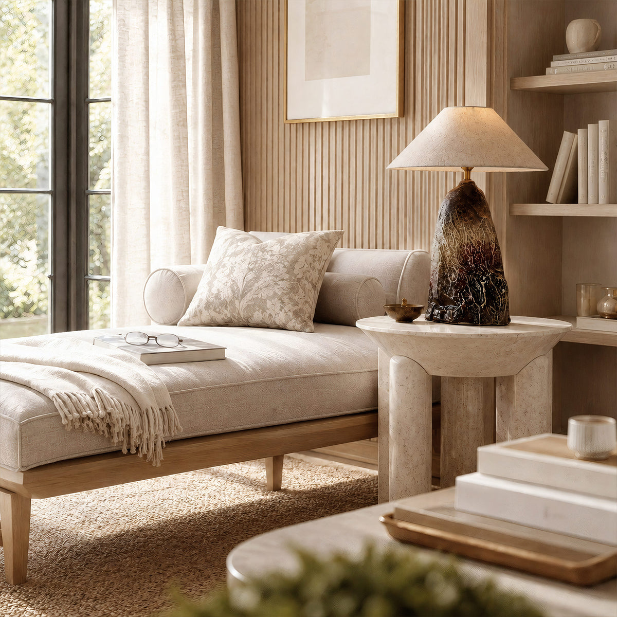 Artistic rockery ceramic table lamp on a round travertine side table next to a cozy daybed lounger in a bright airy bedroom.