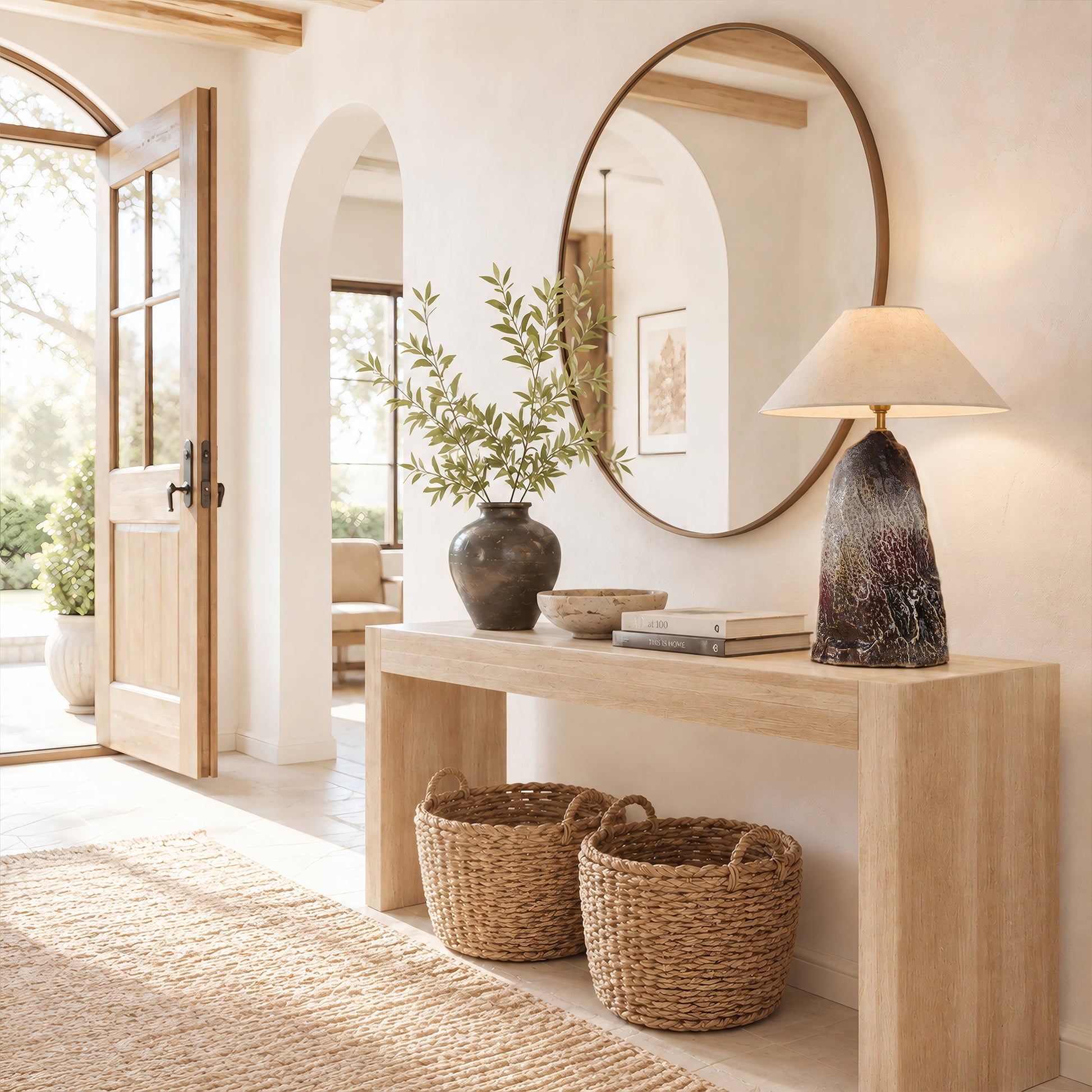 Illuminated rockery ceramic table lamp on a light wood console table below a round mirror in a bright Mediterranean style entryway.