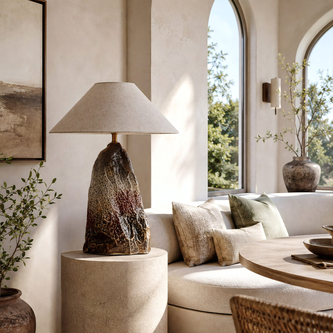 Artistic rockery flambe glaze ceramic table lamp on a pedestal side table in a minimalist luxury living room with a white sofa.