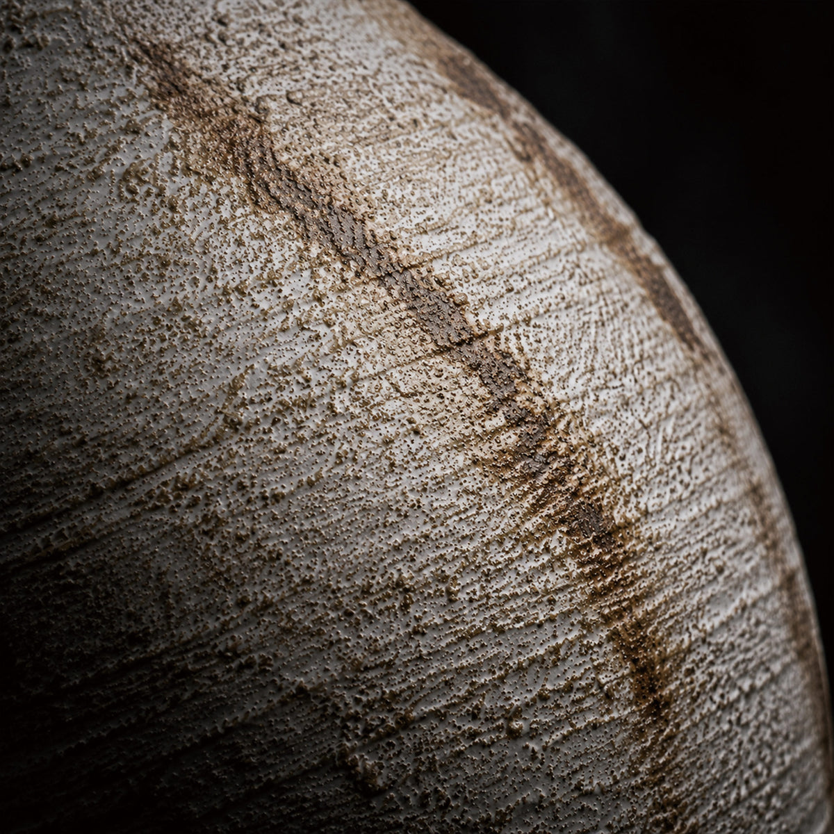 Macro detailed view showing grainy texture and earthy color tones on white ceramic table lamp base.