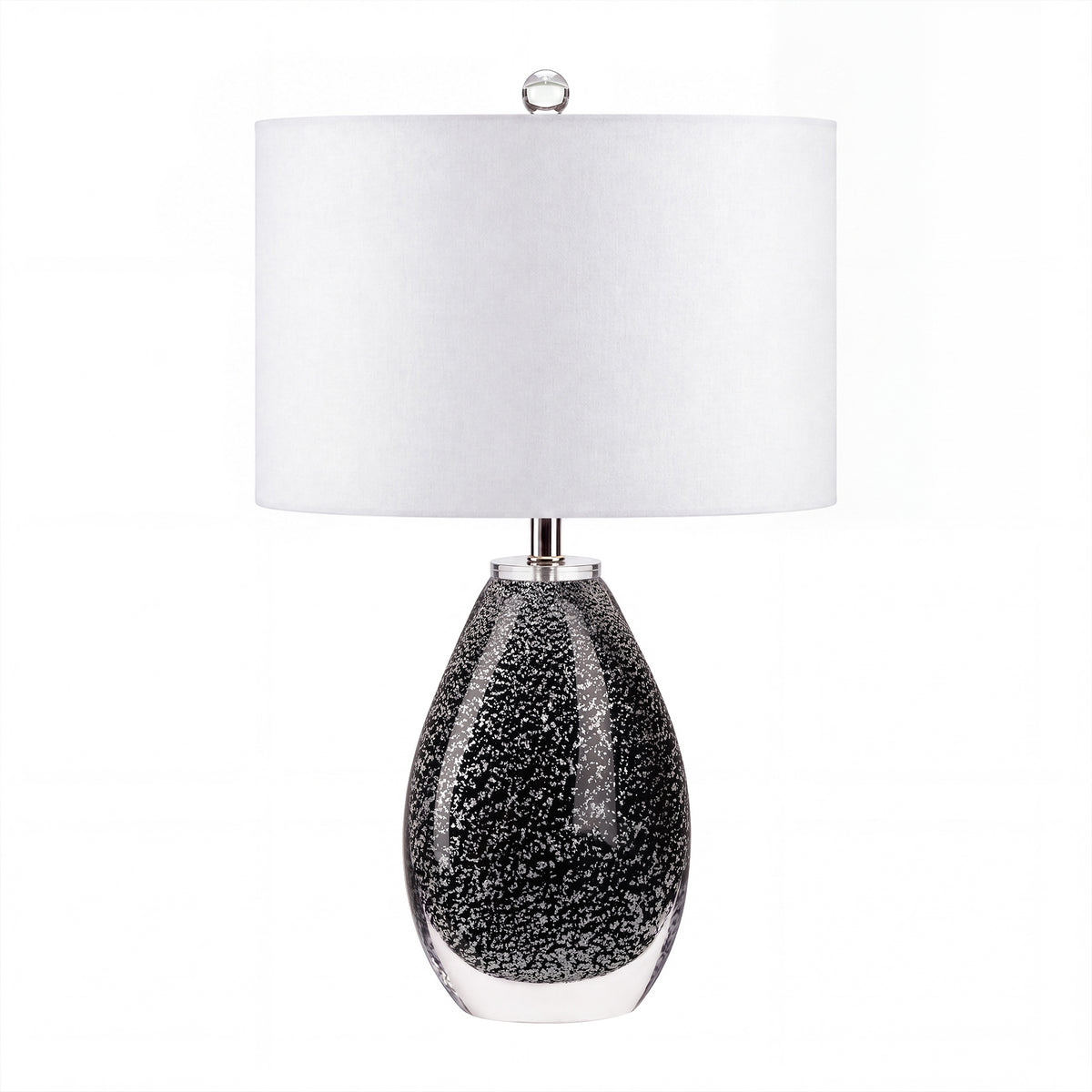 Modern smoke gray handblown glass table lamp with white fabric shade off status isolated on white background