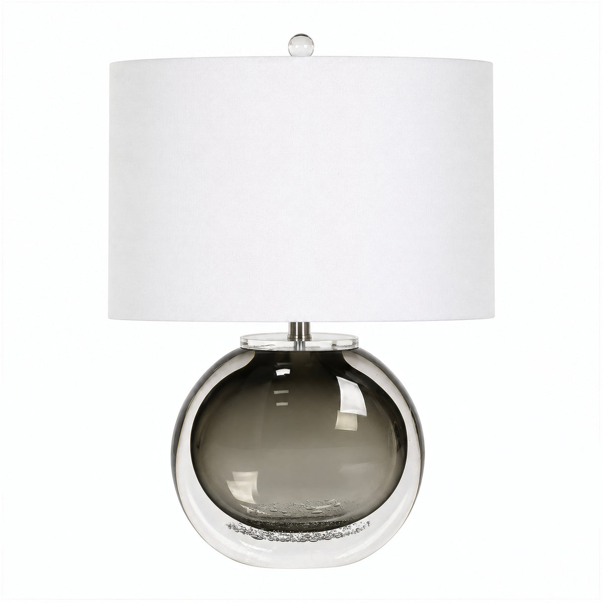 Modern smoke gray double layer blow glass table lamp with white fabric shade off status isolated on white background