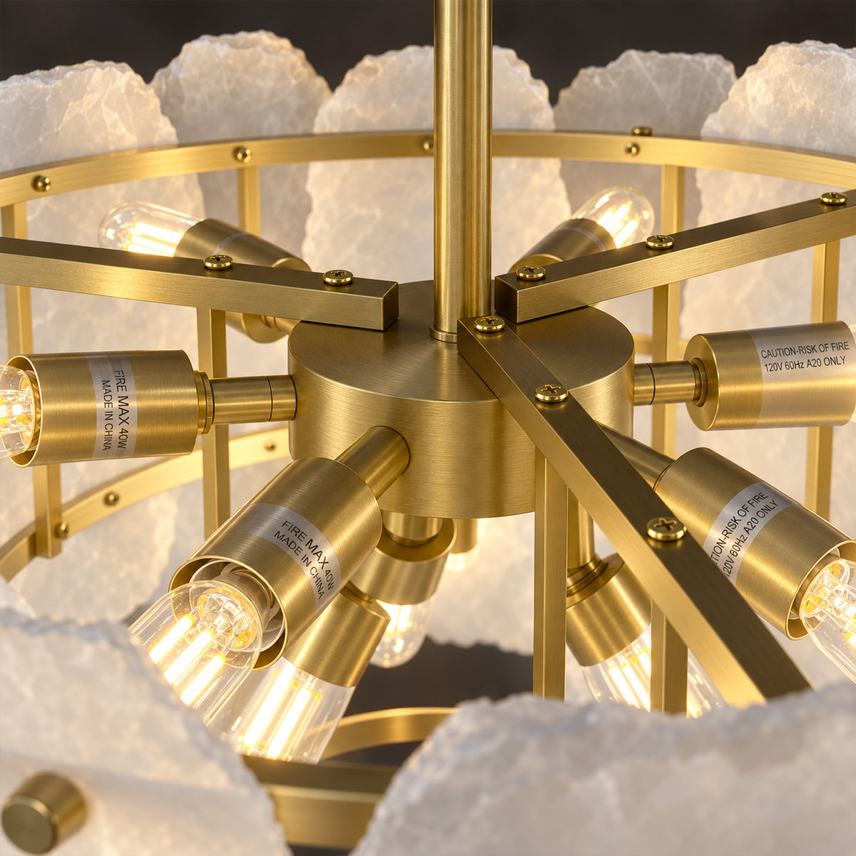 Close up detailed view of solid brass frame structure and E26 E27 bulb sockets inside the natural alabaster chandelier