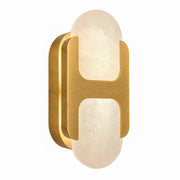 Side view of an H-shaped solid brass wall sconce with Spanish alabaster shade on white background