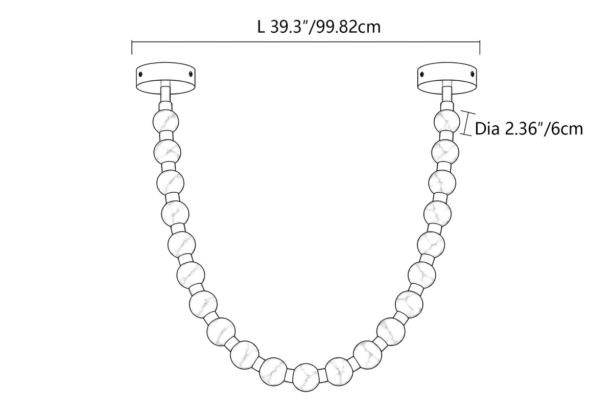 Dimensional schematic diagram of Spanish alabaster beaded pendant light showing total length 39.3 inches and sphere diameter 2.36 inches