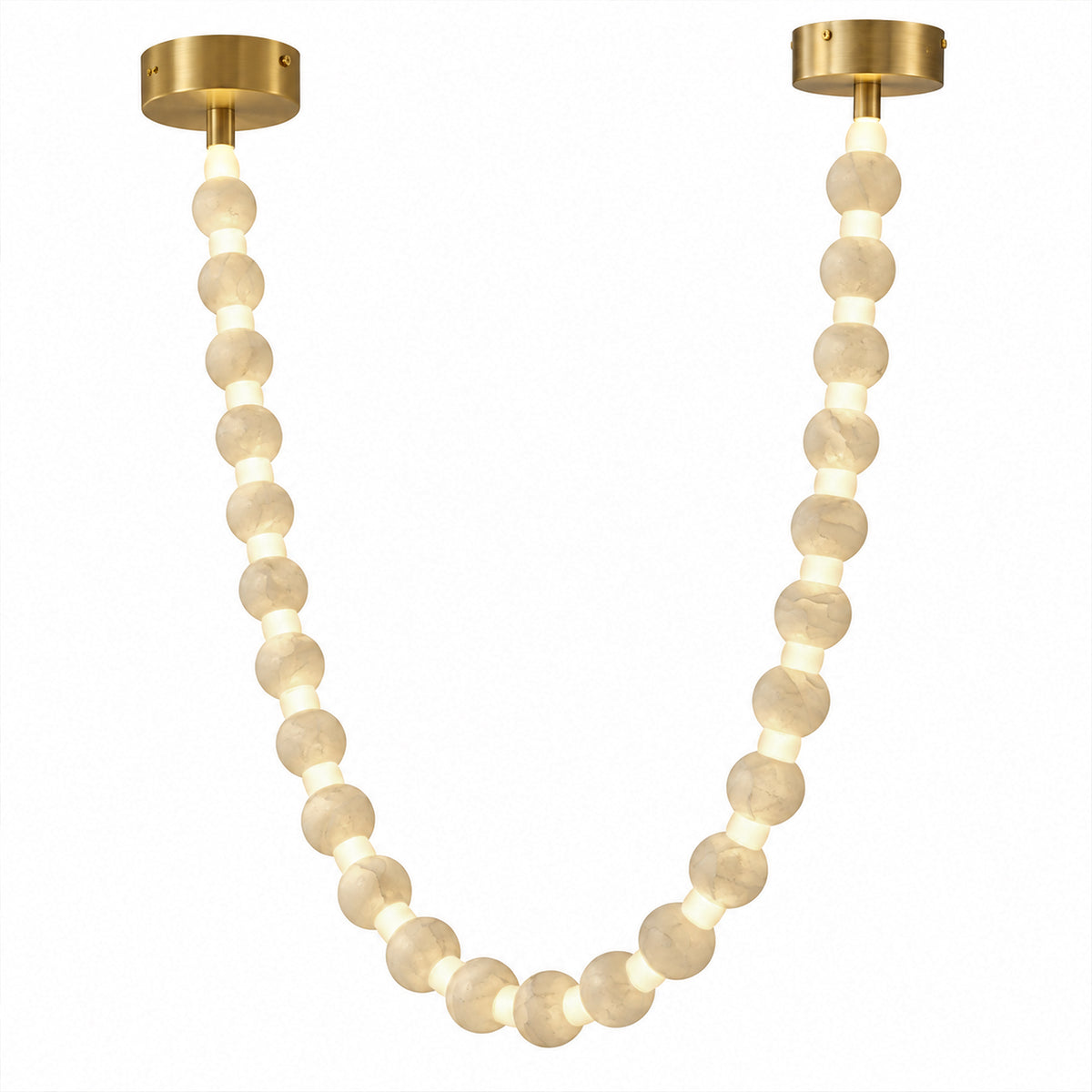 Front view of glowing Spanish alabaster sphere beaded garland pendant light with brass bases isolated on white background