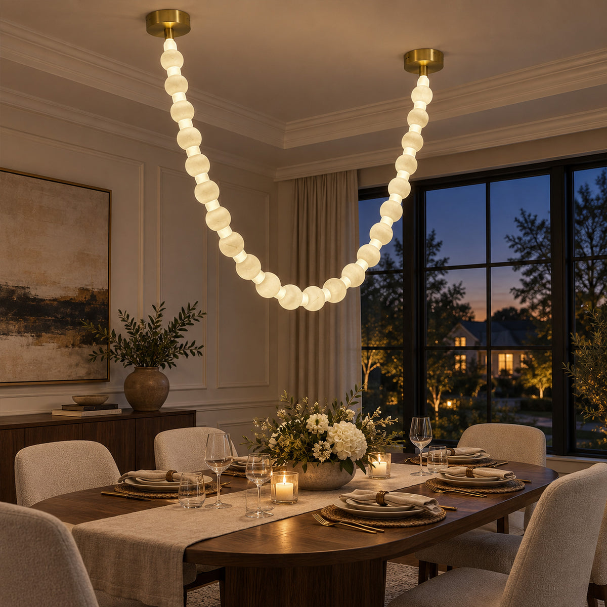 Illuminated Spanish alabaster sphere garland pendant light hanging gracefully above a modern wooden dining table at twilight