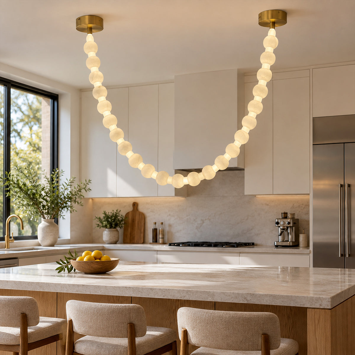 Contemporary alabaster sphere beaded pendant light suspended above a bright kitchen island in a minimalist modern kitchen